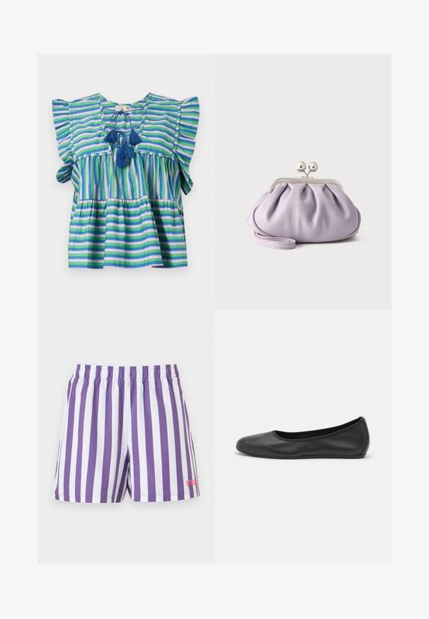 Blouse en coton rayé avec des manches courtes volantées, présentant des rayures bleues, vertes et violettes, et trois pompons bleus au niveau du cou.; Shorts à rayures verticales violet et blanc avec taille élastique et petit logo rouge en bas de la jambe droite.; Ballerines en cuir noir avec un bout rond, texture lisse, détails de couture minimalistes et design de semelle flexible.; Pochette lavande douce avec tissu froncé, fermoir kiss-lock argenté et bracelet assorti sur un fond clair uni.