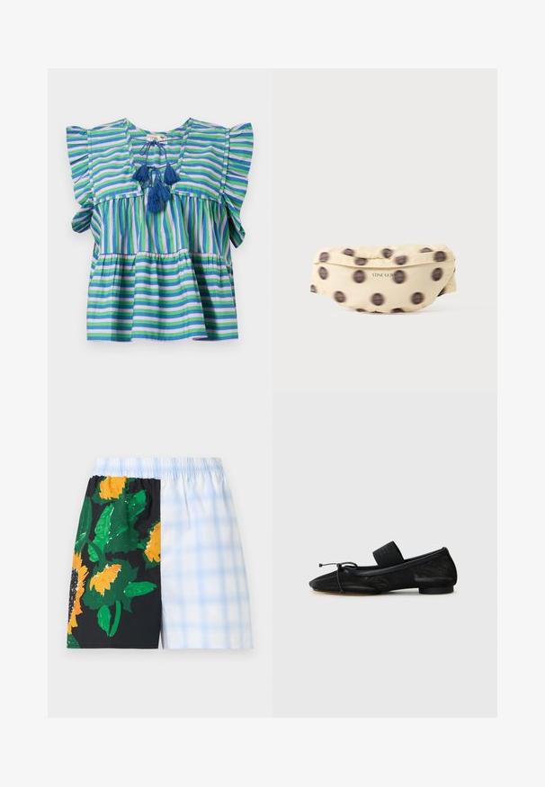 Blouse en coton rayé avec des manches courtes volantées, présentant des rayures bleues, vertes et violettes, et trois pompons bleus au niveau du cou.; Shorts à taille élastique avec design fendu : un côté noir avec de grandes tournesols jaunes et des feuilles vertes, l'autre côté à carreaux bleu clair et blanc.; Chaussure plate noire avec un bout pointu, fabriquée en tissu texturé, avec un accent à nœud et un petit talon rond. Sangle élastique au niveau de la cheville.; Banane en tissu beige avec des pois noirs flous et "STINE GOYA" imprimé en petites lettres noires à l’avant.