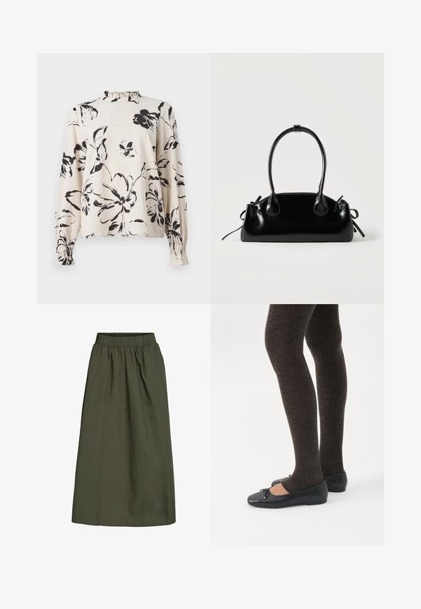 Cremefarvet bluse med lange ærmer, sort blomstermønster, voluminøs høj halsudskæring og samlede manchetter på ærmerne.; Olivengrøn, ankel-længde nederdel med samlet elastisk talje og en glat, let krøllet stoftekstur.; Ben iført mørke ribbede leggings kombineret med sorte balletsko med små sløjfedetaljer på hvid baggrund.; Lille sort blank håndtaske med to lange håndtag og snøre-detaljer i siden på en ensfarvet lys baggrund.