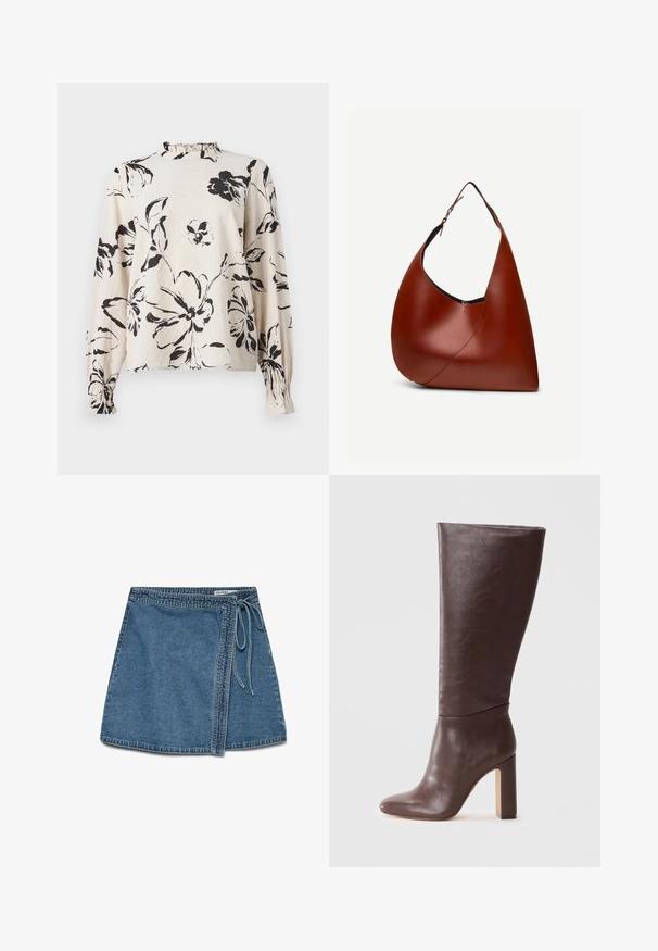 Cremefarvet bluse med lange ærmer, sort blomstermønster, voluminøs høj halsudskæring og samlede manchetter på ærmerne.; Denim indigo omslagskørt i lys blå med et bånd i taljen, der har en lige pasform og en glat tekstur. Ingen synlige mønstre eller dekorationer.; Brune læder knæhøj støvle med spids tå og chunky blokhæl. Glat tekstur med et sømløst design, ingen synlige metaldele eller accenter.; Brun læderhobo-taske med enkelt justerbart strop, buet krop og synlig diagonal syning på hvid baggrund.