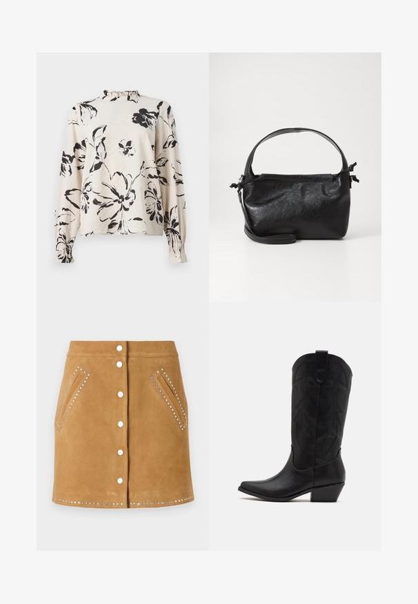Blouse crème à manches longues avec imprimé floral noir, col montant froncé et poignets froncés sur les manches.; Jupe en suède marron avec fermeture à boutons à l'avant, deux poches latérales et clous en argent le long des poches et de l'ourlet. Texture lisse.; Botte de cowboy en cuir noir avec un bout pointu, un talon bas empilé et un motif de feuilles embossé complexe sur la tige. Boucle en haut pour un enfilage facile.; Sac à main en cuir noir au design structuré, avec une poignée arrondie et une bandoulière amovible. Présente une texture lisse et un éclat subtil.
