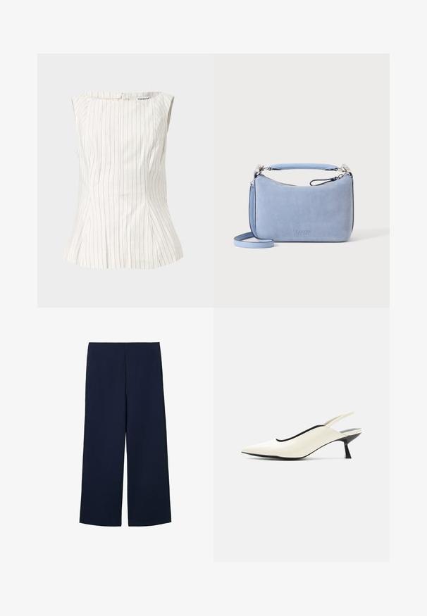 Hvid ærmeløs bluse med tynde lodrette sorte nålestriber og firkantet udskæring fra Topshop.; Marineblå brede bukser lavet af letvægtigt stof, med et rent design og lige snit, forsynet med sidelommer og uden synlige lukninger.; Cremefarvet spids tå slingback-sko med lav sort kittenhæl og glat læderfinish på hvid baggrund.; Blød blå ruskind lille håndtaske med tophåndtag og aftagelig skulderrem på en ensfarvet hvid baggrund.