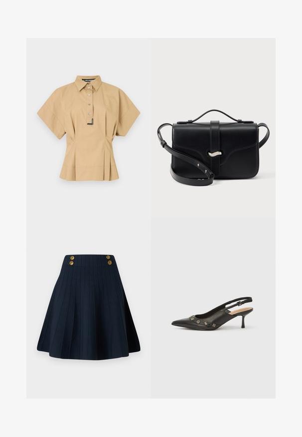 Chemise beige à manches courtes avec un col pointu, fermeture à bouton sur le devant et un design plissé à l'ourlet, présentant un discret détail de logo.; Jupe plissée bleu marine en tissu texturé, avec une taille haute et deux boutons dorés à l'avant, créant une ligne épurée et une forme structurée.; Escarpin à bride arrière en cuir noir avec bout pointu, petit talon et accents métalliques décoratifs le long de l'ouverture avant. Texture lisse.; Sac bandoulière en cuir noir avec poignée supérieure, fermeture argentée et bandoulière ajustable sur fond blanc.