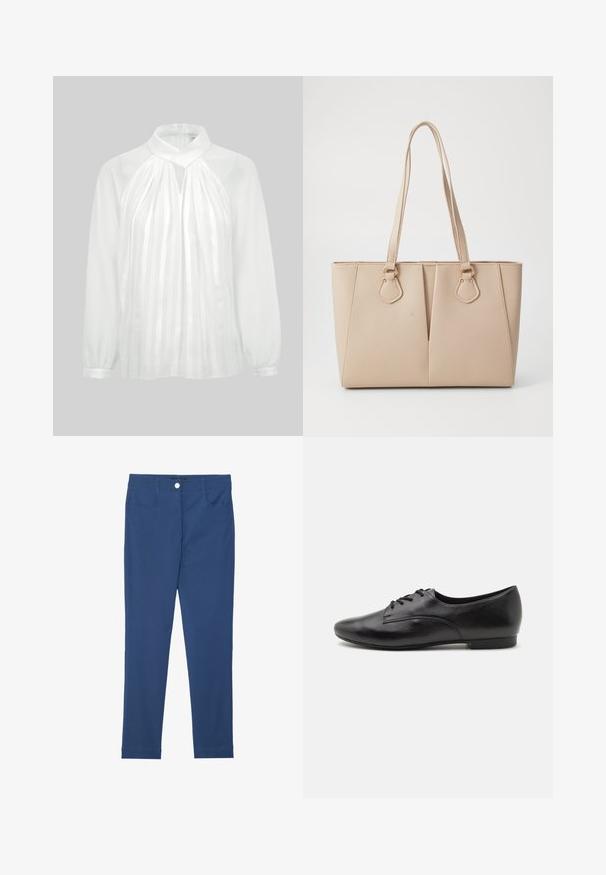 Hvid bluse med lange ærmer, høj halsudskæring, lodrette gennemsigtige striber foran, nøglehul-detalje og manchetter med knapper mod en ensfarvet baggrund.; Blå slim-fit bukser lavet af bomuldsblanding, med en forreste knap, lynlås, to lommer og en ren, glat tekstur.; Sorte lædersko med snørebånd, glat overflade, rund tå, lav hæl og enkelt design. Sidebillede der fremhæver den slanke form og syninger.; Beige tote taske lavet af tekstureret kunstlæder, med dobbelte håndtag og guldfarvede hardware accenter. Designet inkluderer en delt frontdetalje.