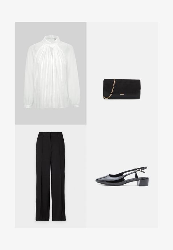 Blusa blanca de manga larga con cuello alto, rayas verticales transparentes en el frente, detalle de abertura en forma de ojo de cerradura y puños con botones sobre fondo liso.; Pantalones negros con un diseño de pierna recta, con dos pliegues en la parte frontal, una cinturilla y sin bolsillos visibles ni adornos.; Zapato de charol negro tipo slingback con puntera afilada, laterales descubiertos y un tacón bajo cuadrado. Presenta una correa para el tobillo con hebilla.; Bolso de mano negro hecho de ante con un acabado texturizado, que presenta una cadena dorada y un diseño elegante y angular.