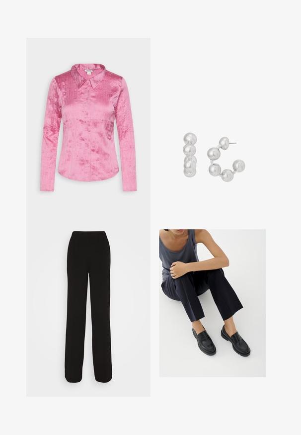 Monki Πουκαμίσα με κουμπιά - pink; ONLY ONLANSA WIDE PULL ON PANT - Παντελόνι - black; Μαύρα δερμάτινα μοκασίνια με υφή, χαμηλό τακούνι, στρογγυλή μύτη και ορατή ραφή. Το μοντέλο φοράει σκούρο παντελόνι και γκρι μπλουζάκι.; Ασημί σφαιρικά κρίκοι με πέντε συνδεδεμένες χάντρες που σχηματίζουν ημικύκλιο και κλείσιμο με καρφί.