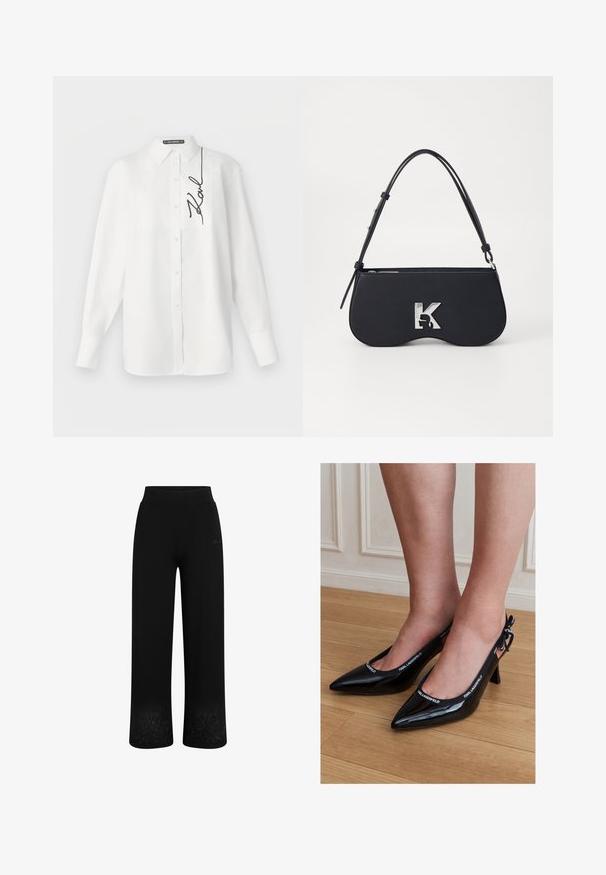Camisa blanca de manga larga confeccionada en algodón, con un bolsillo delantero y una firma bordada en negro en el lado izquierdo. Cuello clásico y cierre con botones.; Pantalones de chándal negros con un diseño de pierna ancha, cintura elástica y bordado floral en el dobladillo. Fabricados con una tela suave y elástica.; Tacones de hebilla trasera de punta afilada de charol negro con ribete con marca KARL LAGERFELD, usados en pies que están de pie sobre suelo de madera.; Bolso negro con forma curva, material texturizado, logotipo plateado y una correa delgada. Cierre superior con cremallera y características de diseño minimalista.