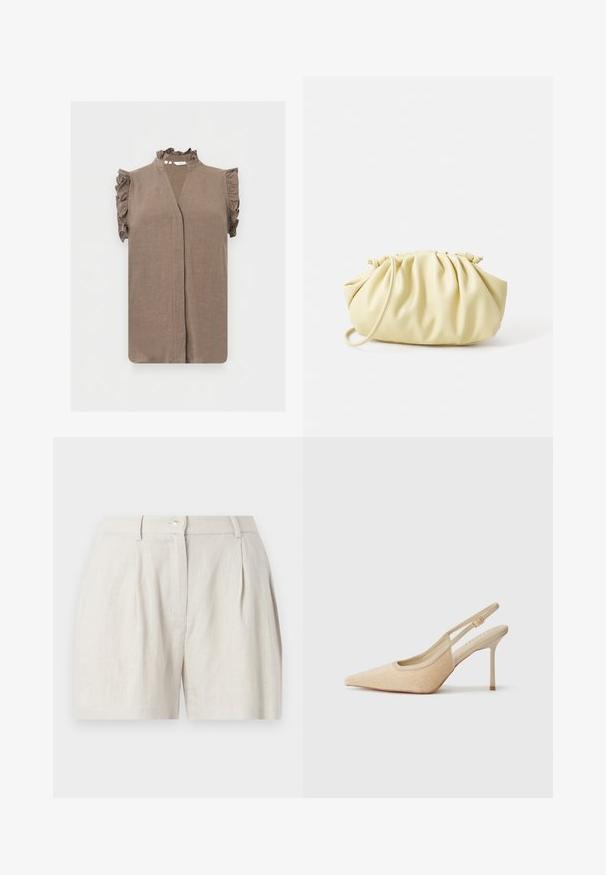Blouse taupe sans manches avec col montant à volants et emmanchures à volants, présentant un décolleté en V et une patte de boutonnage avant cachée.; Short en lin crème taille haute avec plis devant, poches latérales, passants de ceinture et fermeture par bouton.; Escarpins slingback beiges à bout pointu, fabriqués dans un matériau texturé, avec un talon fin et une sangle ajustable.; Sac à main plissé jaune en simili cuir lisse, arborant une forme douce avec une bandoulière unique et un design froncé sur le dessus.
