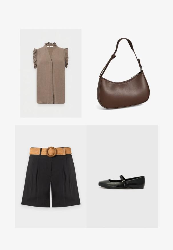 Blouse taupe sans manches avec col montant à volants et emmanchures à volants, présentant un décolleté en V et une patte de boutonnage avant cachée.; Short noir taille haute avec plis à l'avant et une large ceinture tissée de couleur fauve avec une grande boucle ronde en bois.; Ballerines en cuir noir avec un bout arrondi, une semelle plate et une fine sangle ajustable sur le cou-de-pied avec une boucle en métal.; Petit sac bandoulière en cuir marron avec sangle réglable et fermeture éclair, présenté sur fond blanc. Aucun logo ou décoration visible.