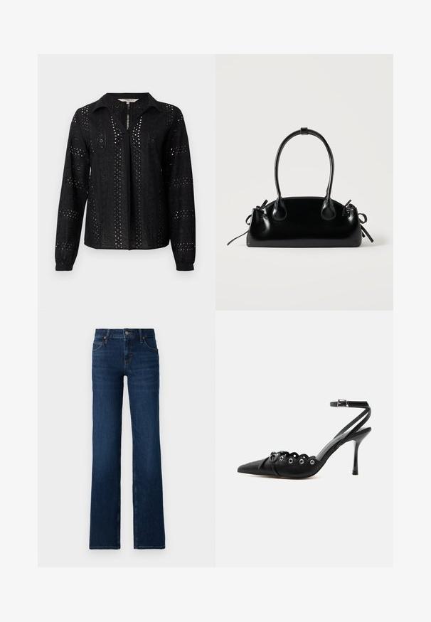 Zwarte blouse met lange mouwen, voorzien van oogjes uitsparingen en een kraag. Verticale patronen creëren textuur, met een voorste knopenlijst.; Donkerblauwe wijde jeans gemaakt van denim. Beschikt over een gestikt tailleband, vijf zakken en een ritssluiting met een metalen knoopsluiting.; Zwarte pumps met hoge hak en spitse neus, gegolfde randen, metalen oogjes, vetergespsluiting aan de voorzijde en enkelriem met gespsluiting.; Kleine zwarte glanzende handtas met twee lange hengsels en zijkant trekkoord details op een effen lichte achtergrond.