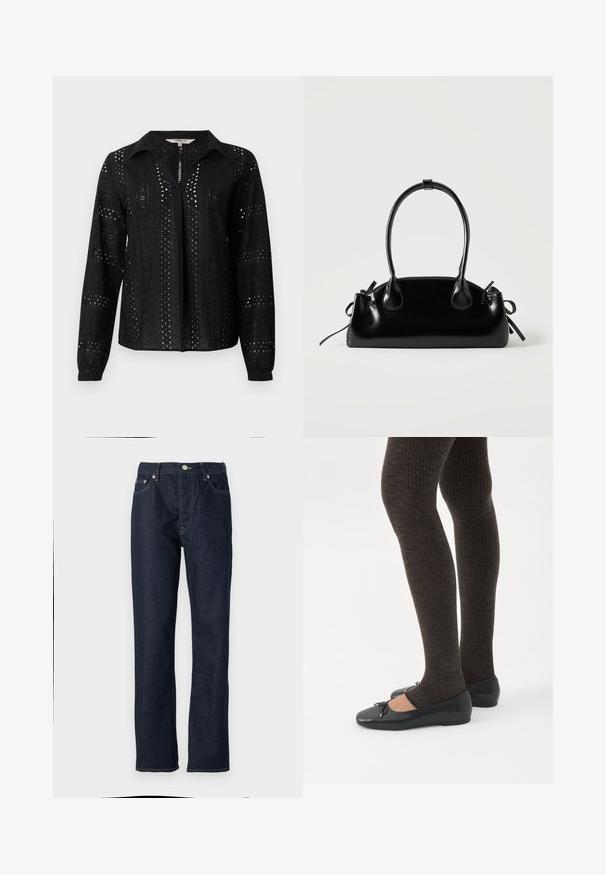 Blouse noire à manches longues, avec des découpes œillets et un col. Des motifs verticaux créent une texture, avec une patte de boutonnage à l'avant.; Jean en denim bleu foncé avec une coupe droite, dotée d'une fermeture à bouton et à glissière, d'un design à cinq poches et de détails de surpiqûres contrastées.; Jambes portant des leggings côtelés foncés associés à des ballerines noires avec de petits détails en nœud sur fond blanc.; Petit sac à main noir brillant avec deux longues anses et des détails à cordon sur les côtés sur un fond clair uni.