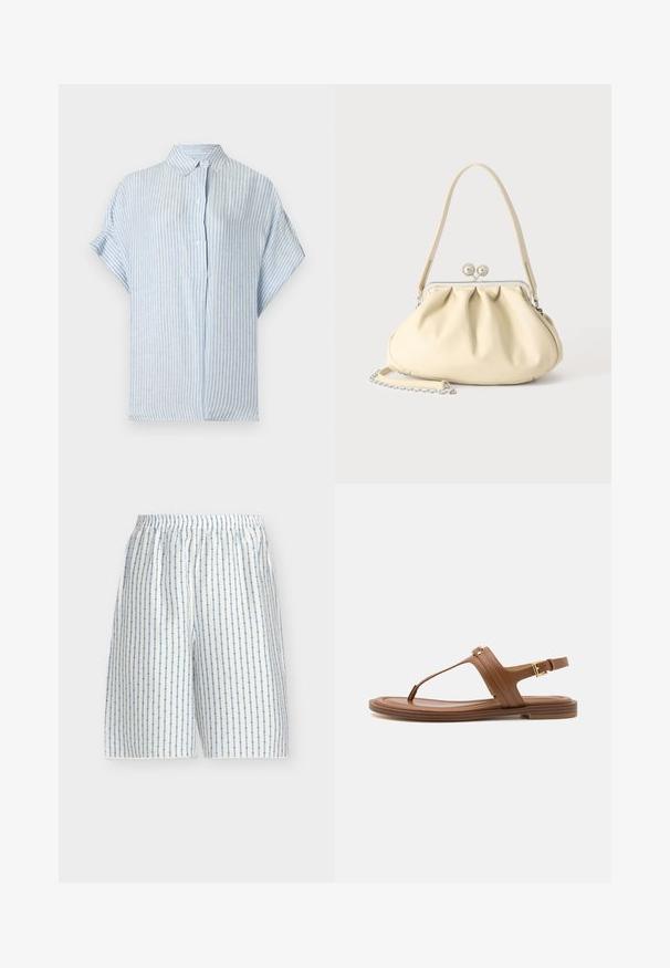 Chemise à manches courtes à rayures verticales bleu clair et blanches avec col et boutons, présentée à plat sur un fond blanc.; Short blanc mi-genou avec taille élastique et motif rayé vertical bleu clair.; Sandale en cuir marron avec un design à lanières, semelle plate et bride de cheville réglable avec un accent de boucle dorée.; Sac à main en cuir souple couleur crème avec un design froncé, fermoir cadre argenté, poignée courte et bandoulière chaîne amovible.