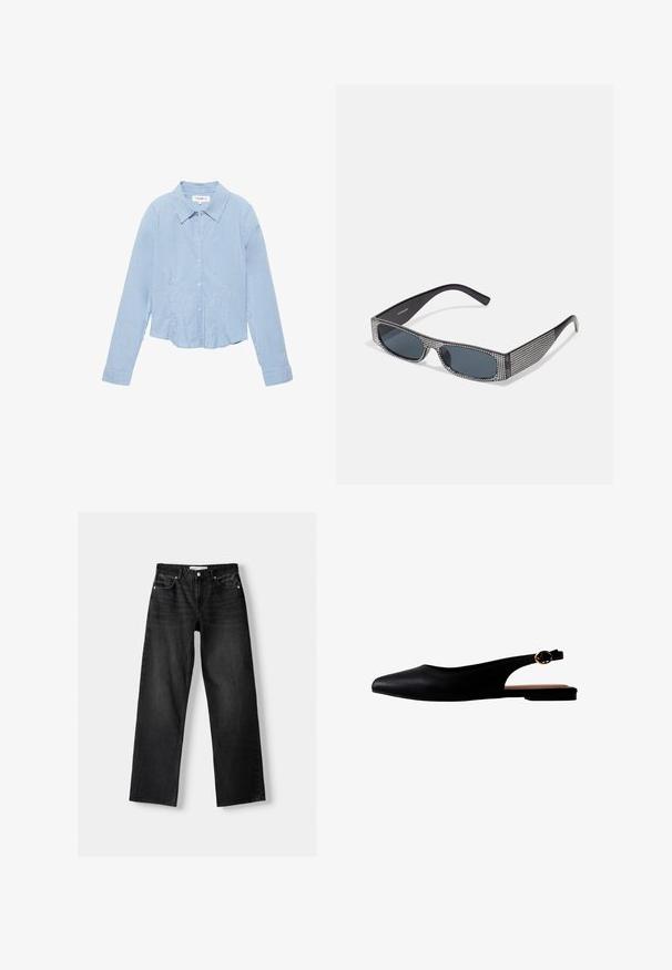 Hellblaues, langärmliges Hemd mit Knöpfen, dünnen weißen vertikalen Streifen und spitzem Kragen, flach auf einem weißen Hintergrund ausgelegt.; Bershka Jeans Straight Leg - mottled dark grey; Schwarzer Slingback-Ballerina aus Leder mit spitzer Kappe und goldener Schnalle am Riemen, seitlich auf weißem Hintergrund dargestellt.; Schwarze Sonnenbrille mit grauen Gläsern, versehen mit einem Rastermuster aus kleinen metallischen Strasssteinen entlang der Fassung. Glatte Oberfläche, kantiges Design.
