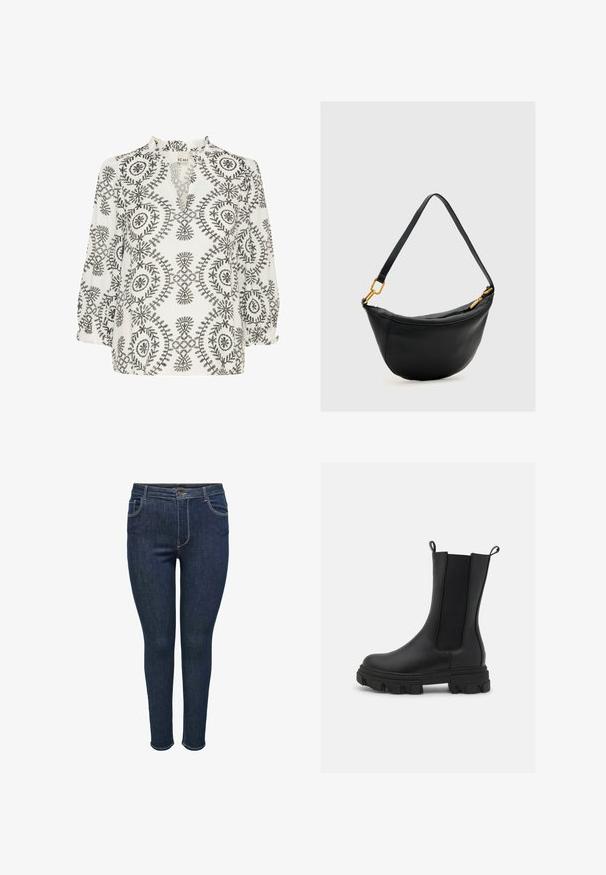 Hvid bluse med sort blomsterbroderi, der har rynket halsudskæring, lange ærmer og en afslappet pasform. Bemærkelsesværdige cirkulære mønstre gennem hele blusen.; Mørkeblå denim skinny jeans med fem-lomme design, der har en knaplukning og sømadresser på sømmene. Glat tekstur, tætsiddende stil.; Sort Chelsea-støvle lavet af læder og elastisk stof, med en kraftig gummisål med fremtrædende mønster og trækflapper for nem påtagning.; Sort læder håndtaske i halvmåneform med en enkelt rem og guldfarvet lynlås og hardware detaljer på en lys baggrund.