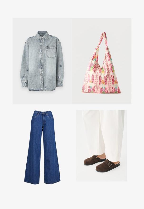 Camisa de mezclilla azul claro con mangas largas, cierre de botones en el frente, un bolsillo en el pecho y detalles de bordado en cruz en las mangas.; Jeans de mezclilla de pierna ancha en azul medio, con una cintura alta, costuras en contraste y un diseño clásico de cinco bolsillos.; Persona que lleva pantalones blancos y zapatos tipo slip-on de ante marrón oscuro con una hebilla plateada, de pie sobre una superficie blanca lisa.; Bolsa de lona con forma puntiaguda, con patrones geométricos coloridos en rosa, verde, naranja y lavanda sobre un fondo beige.