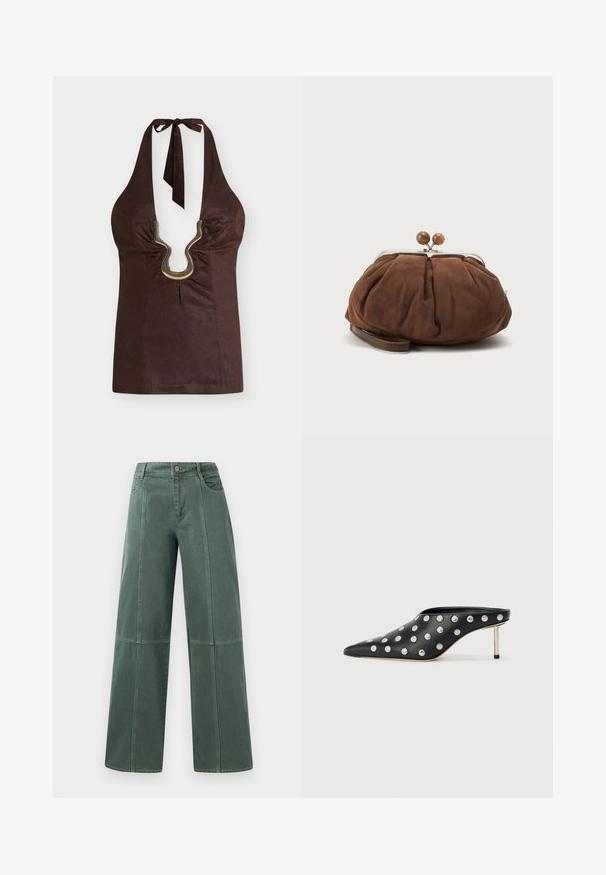 Haut marron foncé à col licou avec un décolleté en V profond, tissu froncé et grand détail métallique argenté en forme de U au centre devant.; Pantalons larges en denim vert foncé, avec des coutures surpiquées, cinq poches et une fermeture à bouton à la taille. Texture lisse et design décontracté.; STAND STUDIO KELSEY - Mules à talons - black; Petit sac poignet en daim marron doux avec cadre en métal argenté et boules rondes marron de fermeture sur fond clair uni.