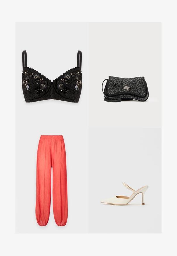 Lingerie noire avec broderie florale et accents de perles, avec un design en dentelle, des bords festonnés et des bretelles réglables.; Pantalons amples, taille élastique, couleur corail avec une texture froissée et des bords resserrés. Le tissu léger permet confort et respirabilité.; Steve Madden BRECKI - Chaussures de mariée - ivory; Sac à bandoulière noir en matière texturée, présentant un design froissé, des détails en métal argenté et une bandoulière ajustable.