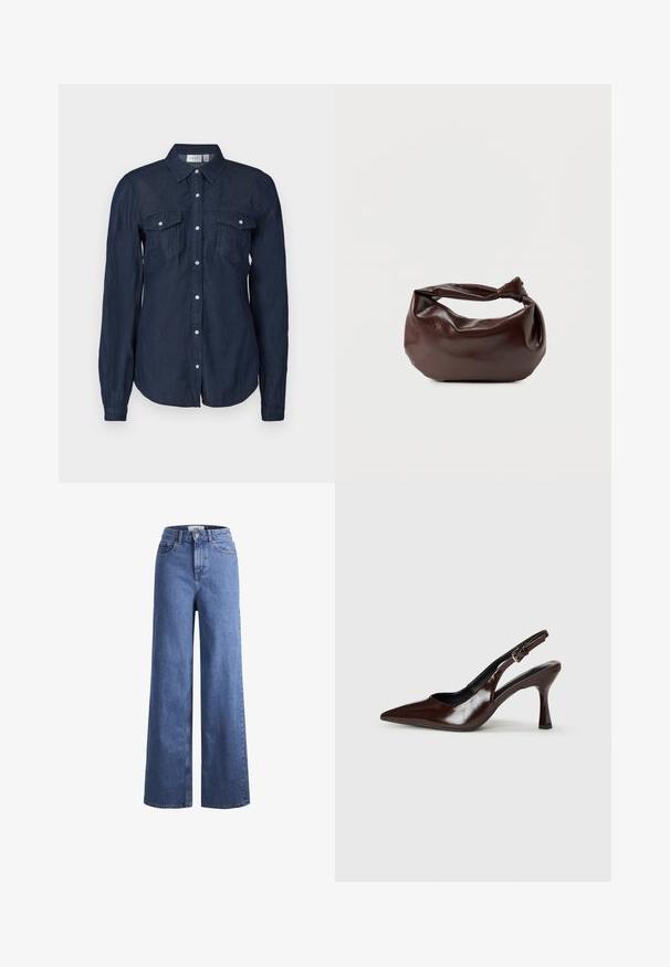 Marineblaues Hemd mit Knopfleiste aus leichtem Stoff, ausgestattet mit zwei Vorderaschen, langen Ärmeln und einem klassischen Kragen mit abgerundetem Saum.; Helleblaue Denim-Weite-Leg-Jeans mit hoher Taille, zwei vorderen Taschen und sichtbarer Naht. Mit Knopf- und Reißverschluss.; Braune lackleder Slingback-Absätze mit spitzem Zehen, einem dünnen Absatz und einem verstellbaren Riemen mit einer kleinen Schnalle.; Dunkelbraune Lederschultertasche mit weicher, lockerer Form und einem gedrehten Knotengriff vor schlichtem weißem Hintergrund.
