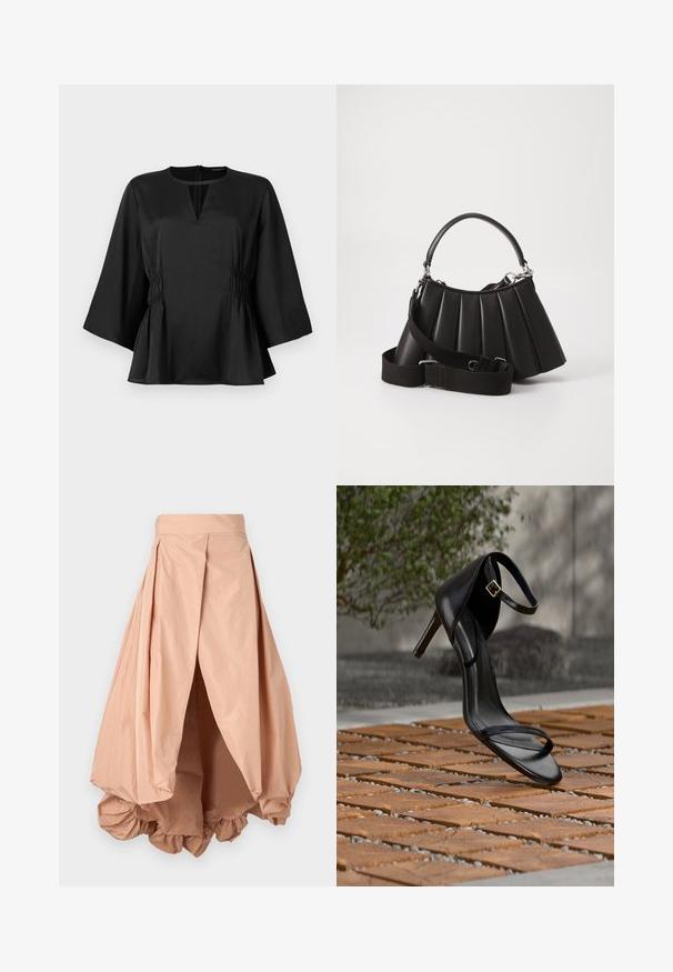 Zwarte blouse met een ronde hals en een sleutelgatdetail, met geplooide zijkanten, driekwartmouwen en een peplumrand. Glad textuur.; Perzikkleurige pofrok van lichtgewicht stof, met een gathered zoom en geplooid ontwerp bij de taille voor een volumineuze silhouet.; Zwarte hoge hak sandaal met enkelbandje zweeft boven een houten tegelvloer buiten, met een onscherpe groene en stenen achtergrond.; Zwarte geplooide handtas met een ronde handgreep, verstelbare schouderriem en glanzende textuur. Heeft zilveren hardware en een gestructureerde silhoutte.