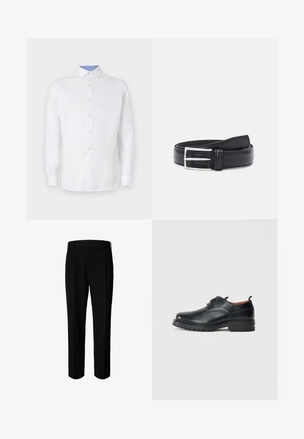 Witte blouse met lange mouwen en knoopsluiting, voorzien van een lichtblauw geruit patroon aan de binnenkant van de kraag en manchetten. Glad textuur van de stof.; Zwarte formele broek met riemlussen, voorste knoop en ritssluiting, weergegeven tegen een witte achtergrond.; Zwarte leren derby schoenen met een gladde textuur, ronde neus, vetersluiting en een dikke, robuuste rubberen zool.; Zwarte leren riem met een gladde textuur, voorzien van een zilveren metalen gesp en een klassiek ontwerp. De riem is netjes opgerold.