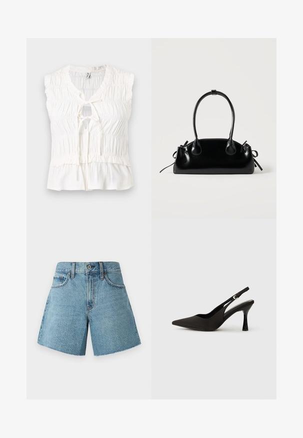 Hvid ærmeløs bluse med rynket stof, nøglehulshalsudskæring og bindedetalje foran, med en let udvidet kant.; Denim shorts i lys blå, med høj talje, fem lommer og rå kant. Fremstillet af tekstureret bomuldsstof med et klassisk design.; Sorte slingback hæle med spids tå, glat mat finish og en slank, blank hæl. Justerbar rem med lille spænde detaljer.; Lille sort blank håndtaske med to lange håndtag og snøre-detaljer i siden på en ensfarvet lys baggrund.