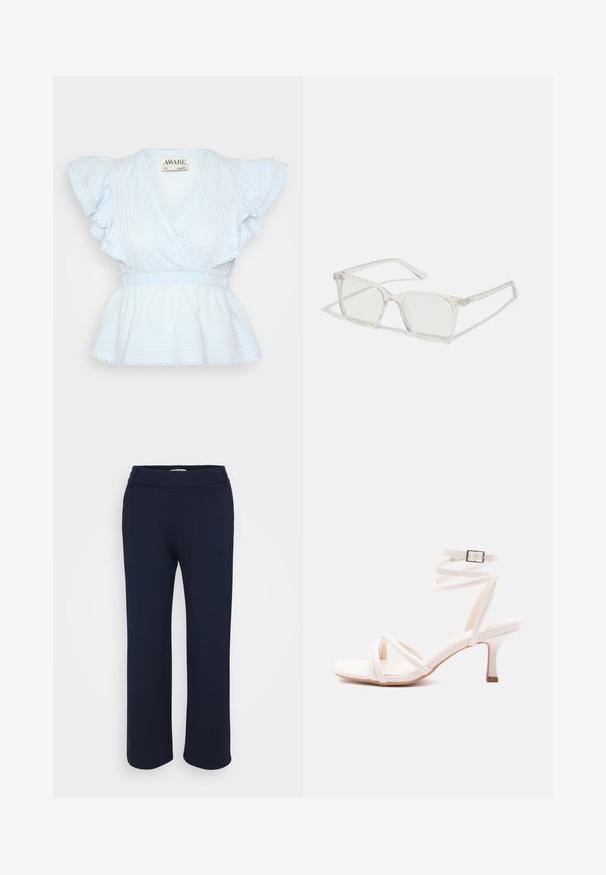 Blusa de algodón azul claro con mangas acampanadas, escote en V y cintura fruncida. Tela texturizada con rayas horizontales y detalles de encaje.; Pantalones rectos de color azul marino, confeccionados en una tela elástica, que cuentan con una cinturilla plana y dos bolsillos laterales para mayor funcionalidad.; Sandalia blanca de tacón con tiras en la parte delantera, correa envolvente en el tobillo con hebilla y tacón delgado de altura media, sobre un fondo liso.; Gafas cuadradas de plástico transparente con lentes translúcidos, que cuentan con acentos dorados en las patillas para un detalle adicional.