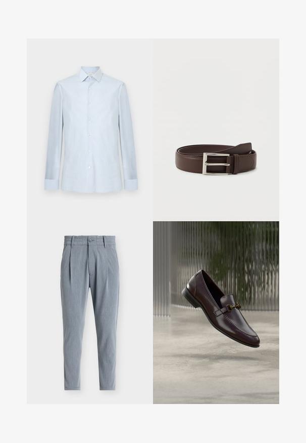 Chemise homme bleu clair à manches longues, fermeture boutonnée sur le devant, col pointu et motif à carreaux discret.; Pantalon bleu clair fuselé avec une ceinture élastique, des passants pour ceinture, un bouton à l'avant et des plis de chaque côté.; Mocassin en cuir marron à finition lisse, bout carré, et accent en métal doré. Dispose d'un talon bas et de détails de couture subtils.; Ceinture en cuir marron foncé avec une boucle rectangulaire en argent, soigneusement enroulée sur un fond blanc uni.