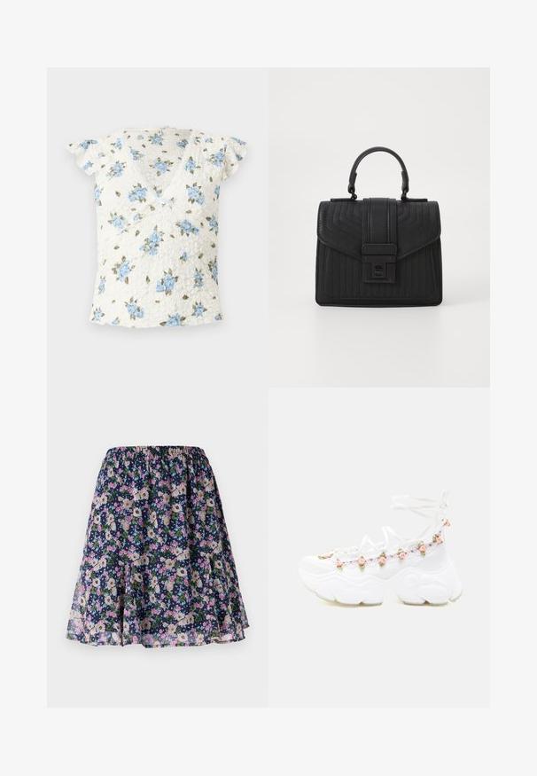 Hvid kortærmet bluse i blonder med blå blomsterprint, slå-om V-udskæring og lille sløjfedetalje midt foran.; Blomsterkjole med elastisk talje. Har en mørk navy baggrund med pink, hvide og grønne blomstermønstre. Let og svalende stof.; Kraftig hvid sneaker med snørelukning foran, dekoreret med små lyserøde roseapplikationer langs siden og ankelstropper.; Sort læderhandtaske med kviltet tekstur, rektangulær form, topbærerhåndtag og en frontklap med en sølvfarvet spænde.