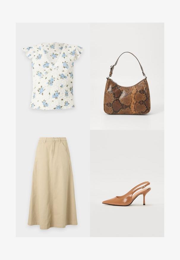 Haut court en dentelle blanche avec imprimé floral bleu, décolleté en V style cache-cœur et petit nœud au centre devant.; Jupe beige taille haute en forme trapèze avec passants de ceinture, bouton frontal, fermeture éclair et poches latérales, en tissu résistant.; Escarpin à talon slingback à bout pointu en matériau beige lisse et brillant. Présente un design de découpes courbées et un talon aiguille fin. Détail de boucle en argent.; Petit sac à main avec un motif en peau de serpent marron et noir, courroie courte et ajustable, et fermeture éclair.