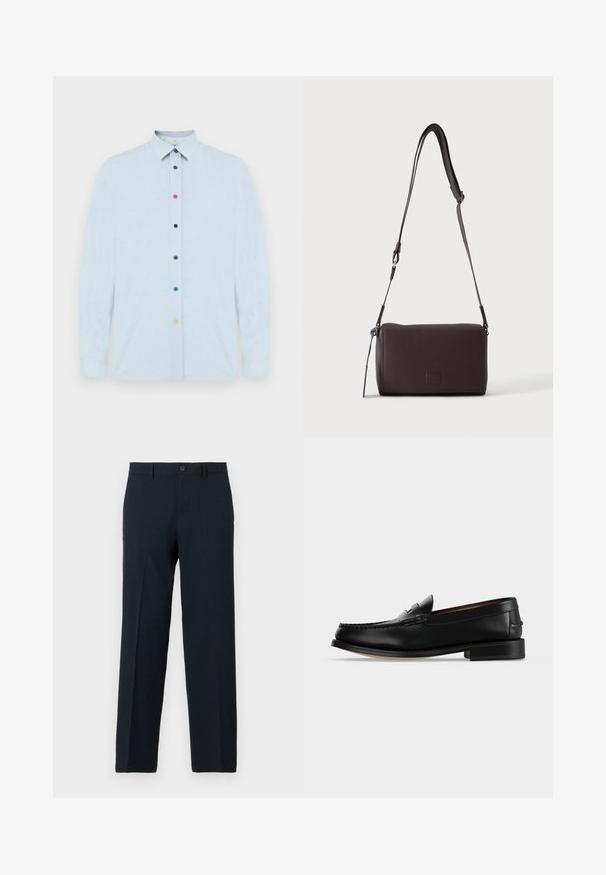Lichtblauw shirt met lange mouwen gemaakt van zacht stof, voorzien van een boord met knoopsluiting en zes meerkleurige knoppen aan de voorkant.; Zwarte slim-fit broek met knoop- en ritssluiting, ceintuurlussen en rechte pijp.; Zwarte leren herenloafer met een lage hak en mocassinstiksels op de teen, zijaanzicht op een effen achtergrond.; Donkerbruine gestructureerde leren crossbodytas met verstelbare riem en klein decoratief blauw accent aan de zijkant.