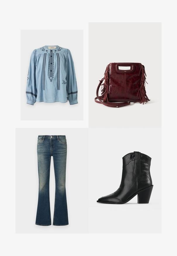 Blouse bleu clair à manches longues avec broderie géométrique noire, patte de boutonnage, épaules froncées et manches avec poignets.; Jean en denim bleu avec un effet délavé, taille mi-haute, design à cinq poches et jambes légèrement évasées.; Bottine noire en cuir avec bout pointu, coutures décoratives, languette de tirage et talon bloc épais sur fond clair uni.; Sac à main carré en cuir bordeaux avec poignée découpée, détails de franges latérales et bandoulière réglable sur fond uni.
