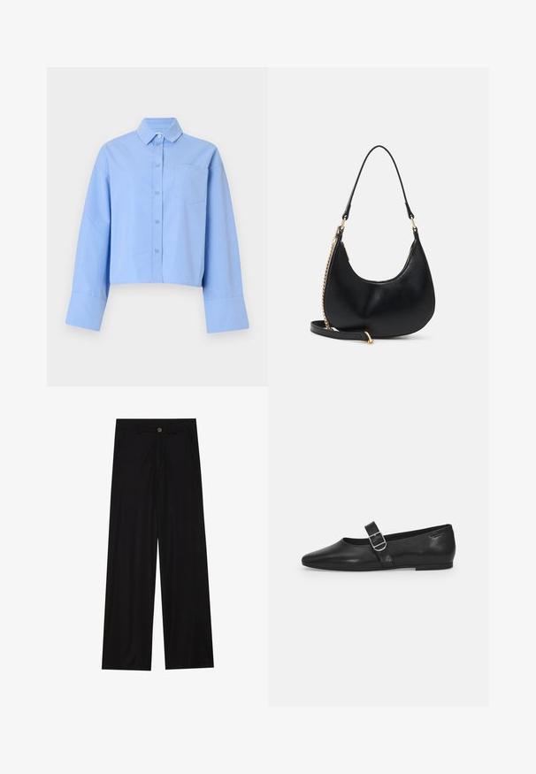 Chemise courte bleu clair en tissu, avec un devant à boutons, de grands poignets et une poche poitrine avec un branding discret.; Pantalons noirs à jambes larges en tissu lisse, avec poches avant et fermeture à bouton à la taille. Design minimaliste sans motifs.; Chaussure plate en cuir noir avec un bout arrondi, une seule sangle réglable à boucle et une texture lisse et brillante. Design minimaliste avec un petit talon.; Sac à main noir en forme de croissant avec une poignée courte, un détail de chaîne dorée sur un côté et une bandoulière longue amovible.