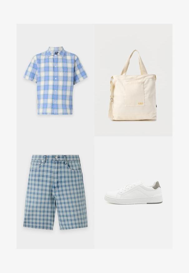Kurzarmshirt aus leichtem Stoff mit einem blau-weißen Karomuster und zarten rosa Akzenten. Beinhaltet eine Brusttasche und Knöpfe.; Hellblaue Karobluse-Shorts aus einem Baumwollmix, mit fünf Taschen, Knopfverschluss und lockerer Passform. Die Textur ist glatt und weich.; Weißer Sneaker aus glattem Leder, runde Zehenpartie, minimalistisches Design, graue Fersenkante und strukturierte Gummisohle.; Beige Canvas-Shopper mit Fronttasche, zwei Griffen, verstellbarem Schulterriemen und kleinem gelbem "O.N.S"-Text unten rechts auf der Tasche.