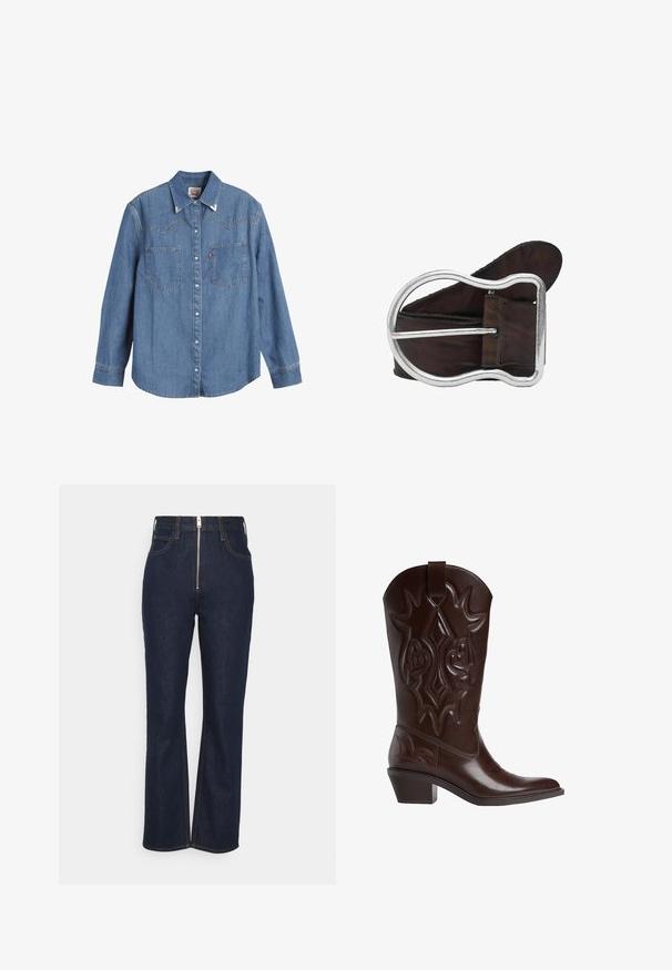 Lys blå denimskjorte med lange ærmer, spids krave, to brystlommer og kontraststing. Har et western-inspireret yoke-design.; FRAME HIGH EXPOSED ZIP - Jeans Straight Leg - dark blue; Brun cowboystøvle i læder med indviklede sømme, spids snude og stablet hæl. Har en træktab i toppen for nem påtagning.; Brunt læderbælte med spænde i sølvmetal, der er stort og unikt buet, svunget sammen mod en hvid baggrund.