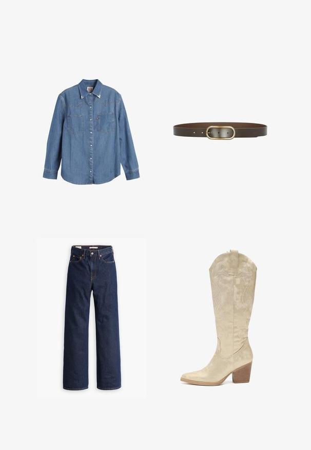 Hellblaues Denim-Hemd mit langen Ärmeln, spitzem Kragen, zwei Brusttaschen und kontrastierenden Nähten. Verfügt über ein Design mit Westernstil-Yoke.; Dunkelblaue gerade geschnittene Denim-Jeans mit fünf Taschen, orangefarbenen Nähten und einem Knopfverschluss.; Salinyang Cowboy-/Bikerboot - goldfarben; Dunkelbrauner Ledergürtel mit ovalförmiger antiker Messingschnalle und drei Verstelllöchern auf einer Seite.
