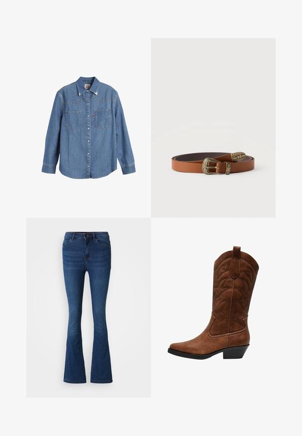 Lichtblauwe denim overhemden met lange mouwen, puntige kraag, twee borstzakken en contrasterende stiksels. Heeft een westers stijl yoke ontwerp.; Donkerblauwe spijkerbroek met flared pijpen, met voor- en achterzakken, knoop- en ritssluiting, en vervaagde details op de dijen en knieën.; ONLY SHOES ONLBRONCO-1 - Cowboy-/Bikerlaarzen - brown stone; Bruine leren riem opgerold met sierlijke antieke goudkleurige gesp, lus en uiteinde met bloemen- en geometrische gravures, op een witte achtergrond.