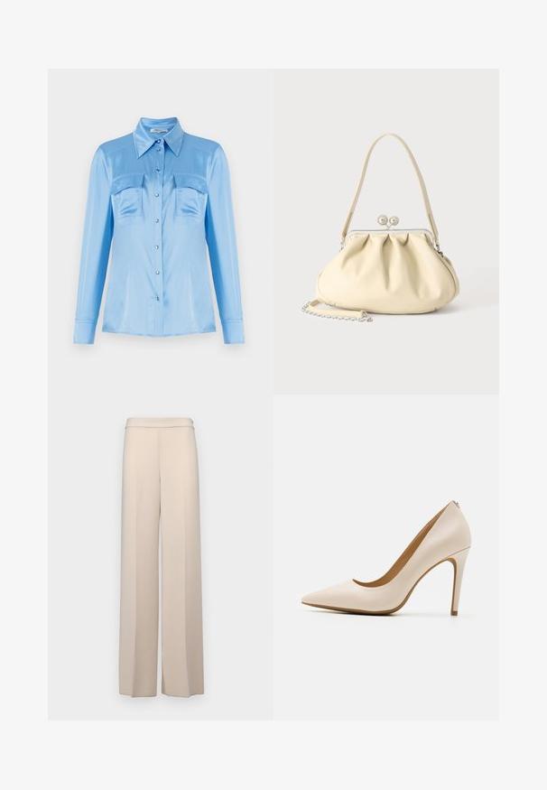 Chemise boutonnière en satin bleu clair avec manches longues, deux poches avant et un col pointu. Dispose de boutons perlés et d'une texture lisse.; Pantalons larges beiges en tissu lisse, dotés d'une taille haute et de plis avant discrets. Pas de poches ni de détails en matériel visibles.; Escarpin beige à talon haut, à bout pointu, finition en cuir lisse, talon stiletto mince, design minimaliste avec un détail arrière subtil.; Sac à main en cuir souple couleur crème avec un design froncé, fermoir cadre argenté, poignée courte et bandoulière chaîne amovible.