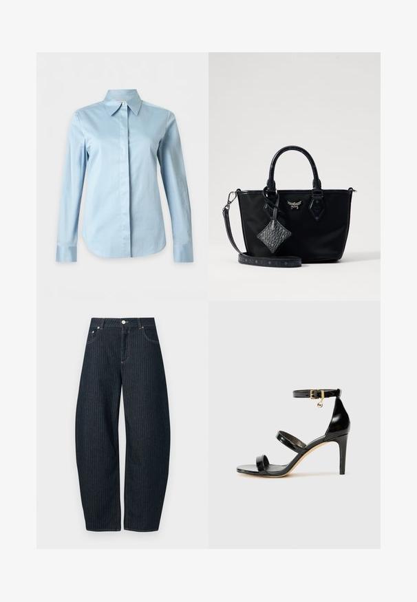 Lyseblå langærmet skjorte med knapper, spids krave og skjulte knapper foran på en ensfarvet baggrund.; CLOSED JAZZIE - Jeans Relaxed Fit - dark blue; Sorte patenterede lædersandaler med tre stropper, ankelspænde og 10 cm stiletthæl. Har detaljer i guld og et logo charms.; Sorte nylon håndtaske med teksturerede læderdetaljer, dobbelte hanken, aftagelig skulderrem og en dekorativ charme. Sølvhardware detaljer.