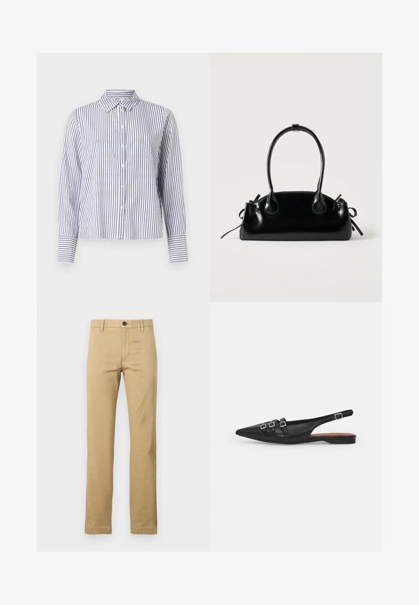 Gestreiftes Hemd mit Kragen, das schmale blaue und weiße vertikale Streifen aufweist, lange Ärmel mit Manschettendetails und ein cropped Design.; Khaki Chinos aus Baumwolle mit geradem Bein, zwei vorderen Taschen, einem abnehmbaren Knopfverschluss und Gürtelschlaufen, mit einer glatten Textur.; Schwarze Leder-Slingback-Ballerina mit spitzem Zeh, ausgestattet mit zwei horizontalen Riemen und quadratischen silbernen Schnallen, mit flachem Absatz und glatter Oberfläche.; Kleine schwarze glänzende Handtasche mit zwei langen Griffen und seitlichen Kordelzug-Details vor einfachem hellem Hintergrund.