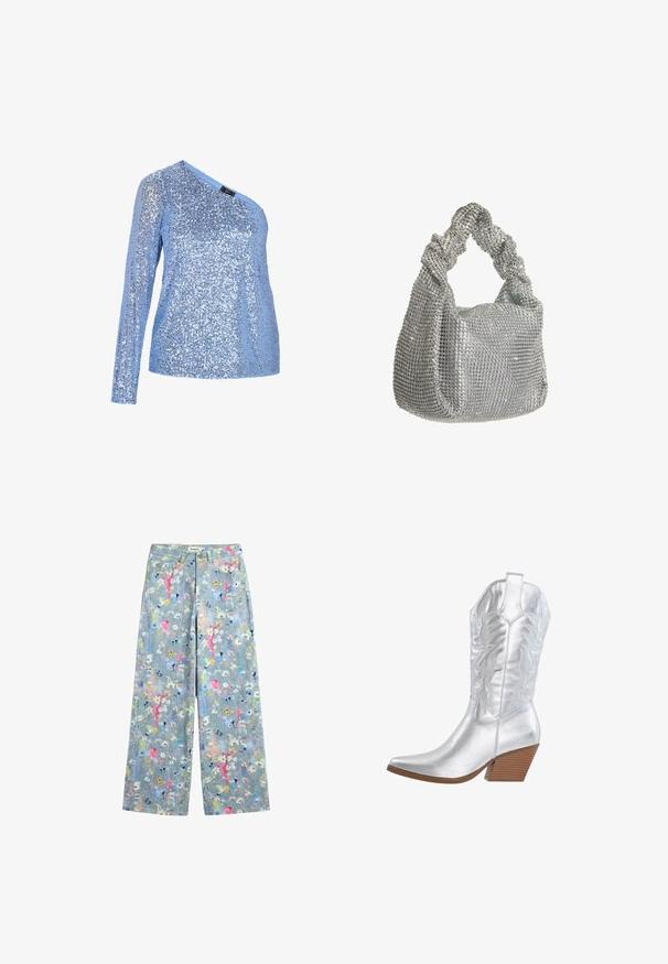 Blaues Langarmoberteil aus Paillettenstoff mit strukturierter Oberfläche, das über einen asymmetrischen Ausschnitt und ein schimmerndes Muster verfügt.; Hellblaue Jeans mit weitem Bein und buntem Blumenmuster in Pink, Gelb, Weiß und Blau, mit vorderen Taschen und Gürtelschlaufen.; Silberner Cowboy-Stiefel mit spitzem Zehenbereich, geprägtem Blumenmuster und gestapeltem Holzabsatz. Glatte metallische Oberfläche und hoher Schaft.; Hey Kyla Handtasche - silber