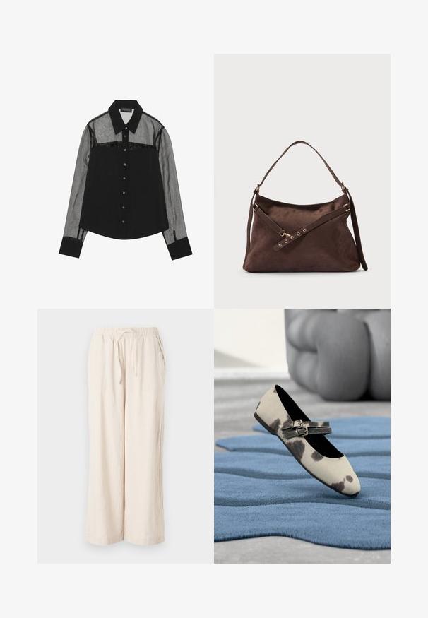Chemise noire avec un corps en tissu uni et des manches longues en mesh transparent. Dotée d'un col, d'une fermeture à boutons et de textures contrastées.; Pantalons large en lin beige avec une taille élastique et des poches avant. Texture lisse, tissu léger, design longueur cheville.; Chaussure plate beige avec des taches noires et des sangles à double boucle reposant sur un tapis bleu texturé.; Sac d'épaule en daim marron foncé avec une petite poignée et une bandoulière ajustable avec des éléments dorés.