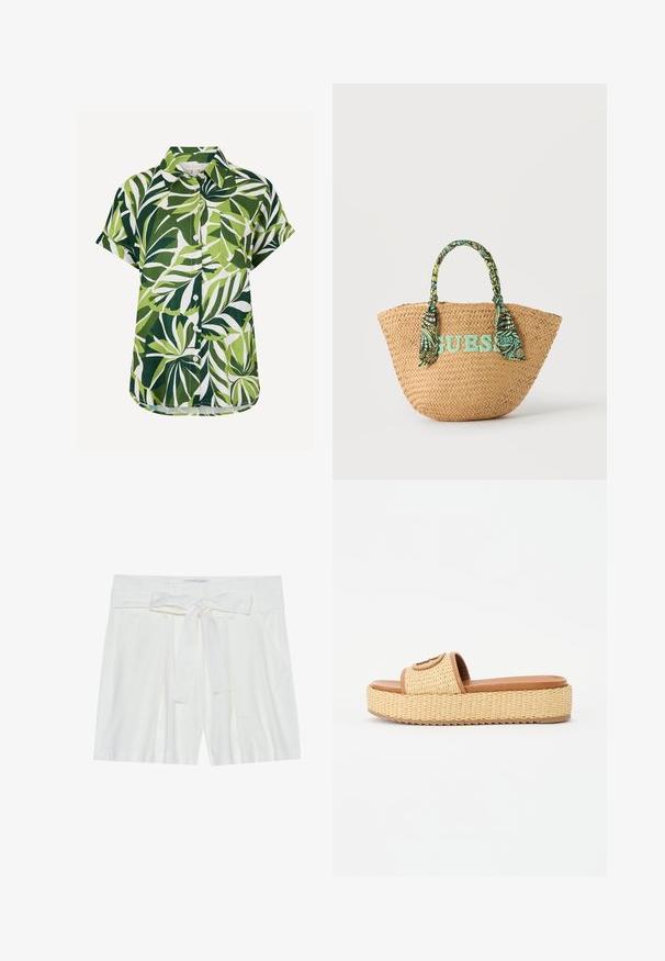 Overhemd met korte mouwen en knopen, met een groen-wit tropisch bladerenpatroon en een borstzak, getoond op een witte achtergrond.; Witte linnen shorts met een gestrikt tailleband, voorzien van zijzakken en een losse fit. Soepele textuur en een eenvoudig ontwerp.; Geweven stro slide sandalen met een tan kleurige faux leren band en een platformzool, voorzien van een textuur en een cirkelvormig accentdetail.; Geweven stro tote tas met groene stoffen handvatten met patroon en een groen "GUESS" logo aan de voorkant.