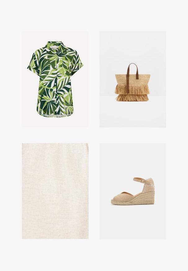 Chemise à manches courtes boutonnée avec motif de feuilles tropicales vertes et blanches et une poche poitrine, présentée sur fond blanc.; Tissu en lin beige avec une texture tissée subtile et de légères rides naturelles.; Castañer BIANCA - Espadrilles - sand; Sac cabas en paille tissée avec deux couches de franges en paille et des poignées en cuir marron, debout sur une surface blanche.