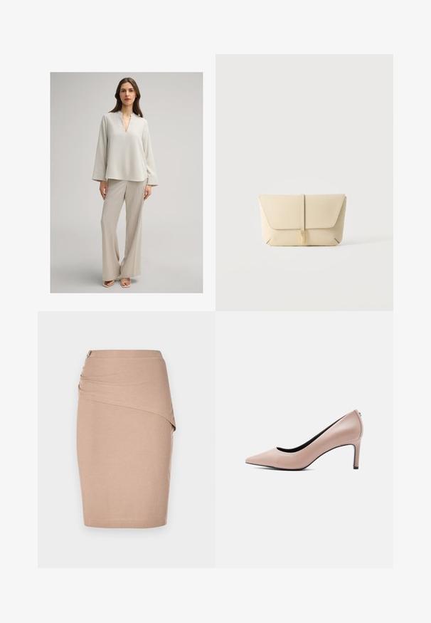 Femme debout portant un chemisier ample beige clair à manches larges et un pantalon large assorti sur fond uni.; Jupe crayon beige à mi-longueur, en tissu côtelé, dotée d'un design drapé à l'avant et d'une fermeture éclair sur le côté en argent. Texture lisse.; Chaussure à talon haut beige à bout pointu avec un talon aiguille mince sur un fond blanc uni.; Pochette en cuir beige avec rabat avant et fermeture par sangle verticale, sur un fond clair uni.
