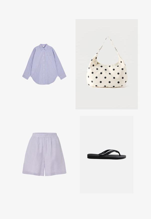 Overhemd met lange mouwen en knopen, lichtblauwe stof met verticale witte en beige strepen, voorzien van een spits kraagje en een borstzak.; Licht paarse shorts van zacht materiaal met een elastische tailleband en een relaxte pasvorm, met een eenvoudige, onversierde uitstraling.; Zwarte rubberen flip-flopsandaal met gestructureerde zool en gladde bandjes, zijaanzicht tegen een effen lichtgrijze achtergrond.; Crèmekleurige stoffen handtas met zwarte polkadots en een enkele schouderriem, getoond tegen een effen witte achtergrond.