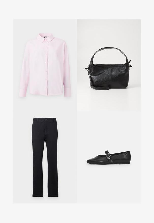 Chemise à manches longues rose clair, à boutons sur le devant, col classique, fabriquée en tissu doux, avec une coupe décontractée et une texture lisse.; Pantalons noirs à jambe droite avec passants de ceinture, bouton avant et fermeture éclair, présentés sur un fond blanc uni.; Chaussure plate en cuir noir avec un bout arrondi, une seule sangle réglable à boucle et une texture lisse et brillante. Design minimaliste avec un petit talon.; Sac à main en cuir noir au design structuré, avec une poignée arrondie et une bandoulière amovible. Présente une texture lisse et un éclat subtil.