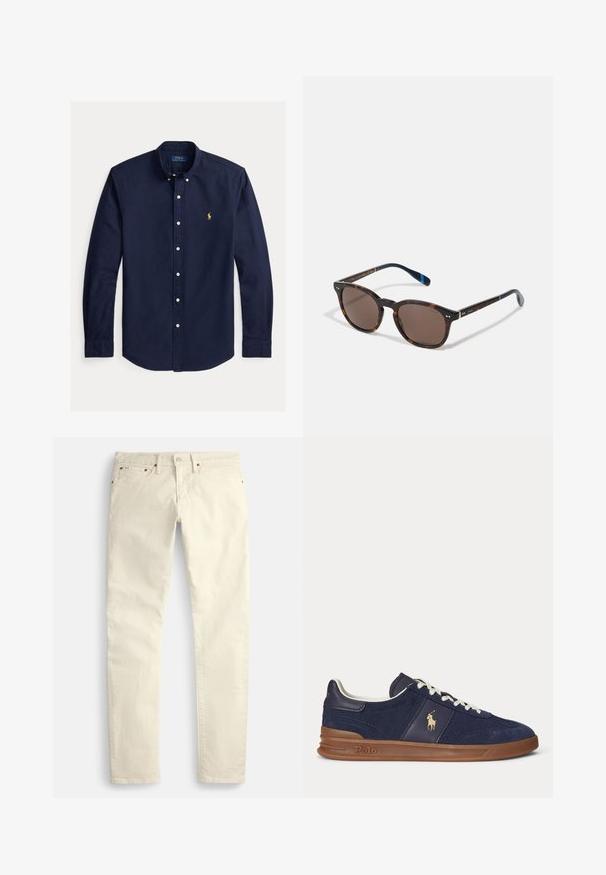 Marineblauw overhemd met lange mouwen en knopen, een button-down kraag en een klein geel Polo Ralph Lauren-logo op de linkerborst.; Lichtbeige rechte broek van een gestructureerde stof. Voorzien van vijf zakken en bruine metalen accenten. Geen zichtbare patronen of versieringen.; Marineblauwe lage sneaker met witte veters, bruine zool en Polo-spelerlogo aan de zijkant, gezien van links.; Schildpad zonnebril met donkerbruine lenzen, vierkante montuur, metalen accenten en marineblauwe tempels die aan de zijkant een logo dragen.