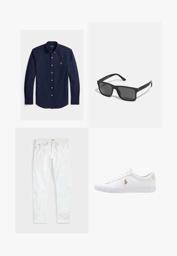 Tmavomodrá košeľa s dlhým rukávom na gombíky s golierom na gombíky a malým žltým logom Polo Ralph Lauren na ľavej strane hrudníka.; Biele slim fit džínsy s piatimi vreckami, zapínaním na gombíky a opaskovými pútkami, položené na rovnej svetlej jednofarebnej podložke.; Biele plátenné tenisky s nízkym strihom, ktoré majú béžový opasok na päte a malé vyšívané logo na boku. Gumová podrážka.; Čierne obdĺžnikové slnečné okuliare s tmavými sklami a matným povrchom. Obsahujú vyrazené logo "POLO" na ramenách a pevnú konštrukciu.