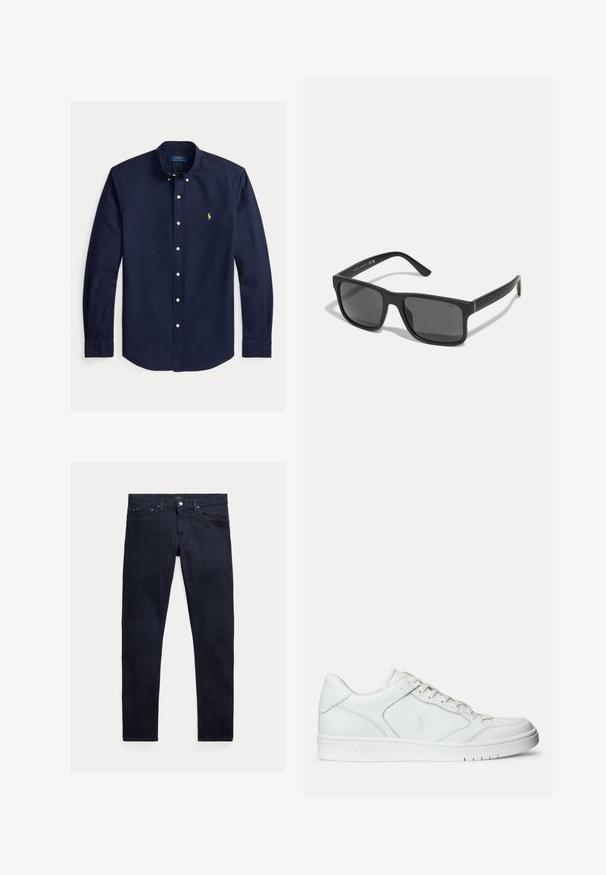 Tmavomodrá košeľa s dlhým rukávom na gombíky s golierom na gombíky a malým žltým logom Polo Ralph Lauren na ľavej strane hrudníka.; Tmavomodré džínsy z denimu s úzkym strihom. Majú päť vreciek, zips a kovové zapínanie na gombík. Hladká textúra s minimálnym vyblednutím.; Biele kožené tenisky s hladkým povrchom, obsahujúce perforovanú špičku, šnúrkové uzatvorenie a vyšívané logo na boku. Biela gumová podrážka.; Čierne obdĺžnikové slnečné okuliare s tmavými sklami a matným povrchom. Obsahujú vyrazené logo "POLO" na ramenách a pevnú konštrukciu.