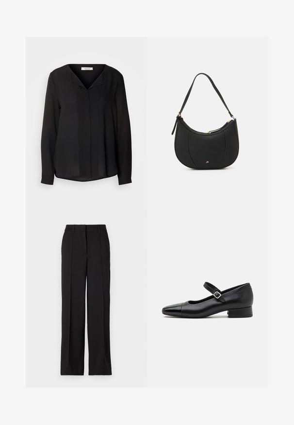 Blusa negra de manga larga con escote en V, cierre frontal con botones y dobladillo ligeramente curvado. La tela parece suave y ligera.; Pantalones negros con un diseño de pierna recta, con dos pliegues en la parte frontal, una cinturilla y sin bolsillos visibles ni adornos.; Zapatos Mary Jane de cuero negro con puntera de charol, correa de tobillo ajustable y tacón bajo. Textura suave y diseño elegante.; Bolso de mano de cuero negro con forma curva, superficie texturizada, costuras frontales y un logo en tono dorado. Cuenta con una sola correa ajustable.